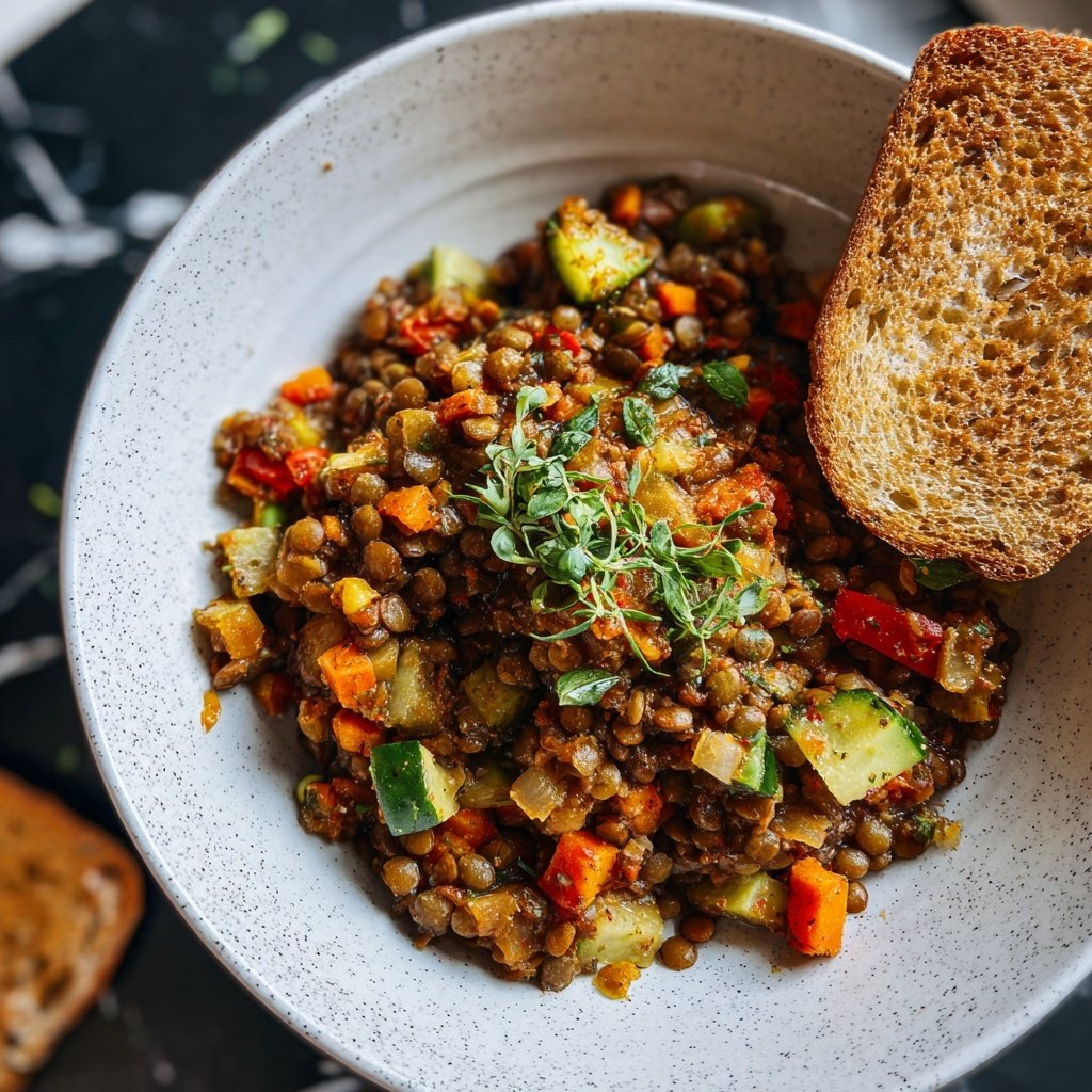 Mittagessen mit Linsen und Ofengemüse