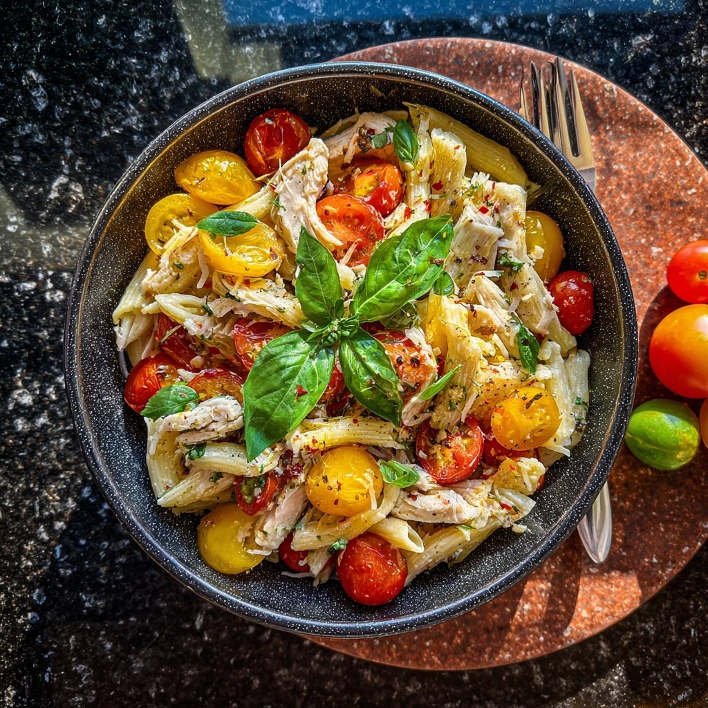 Mediterraner Nudelsalat Mit Hähnchenstreifen